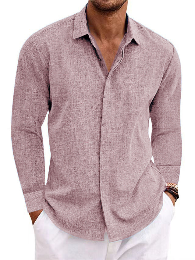 -shirt undershirt solid color long sleeve cotton linen shirt men