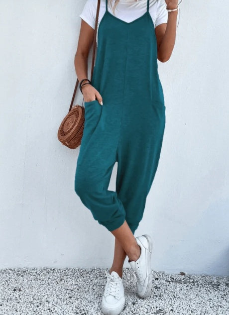 Solid Color Zipper Patch Pocket Sling Jumpsuit for Women