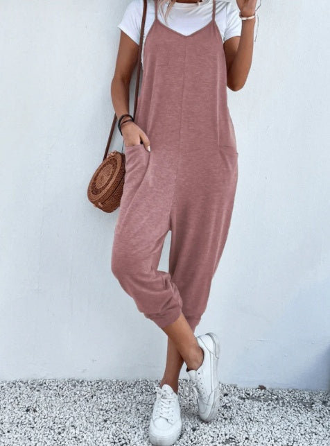 Solid Color Zipper Patch Pocket Sling Jumpsuit for Women