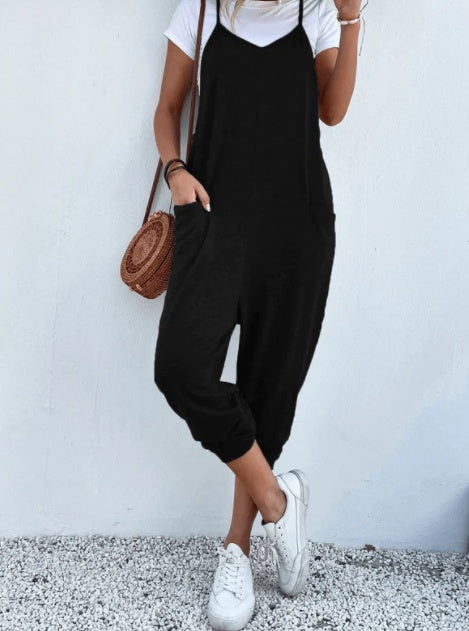 Solid Color Zipper Patch Pocket Sling Jumpsuit for Women