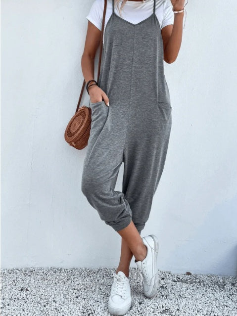 Solid Color Zipper Patch Pocket Sling Jumpsuit for Women