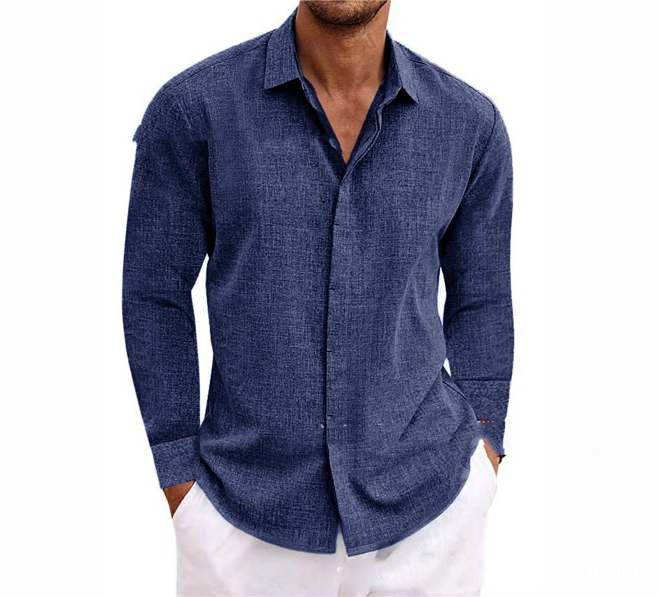 -shirt undershirt solid color long sleeve cotton linen shirt men