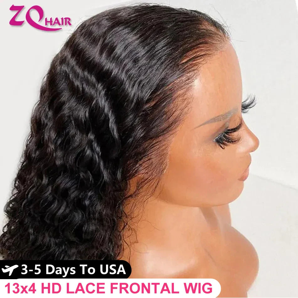 Kinky curly Brazilian deep water wave human hair wig with 13x6 HD lace frontal and natural black color.