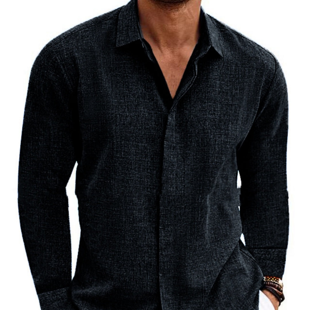-shirt undershirt solid color long sleeve cotton linen shirt men