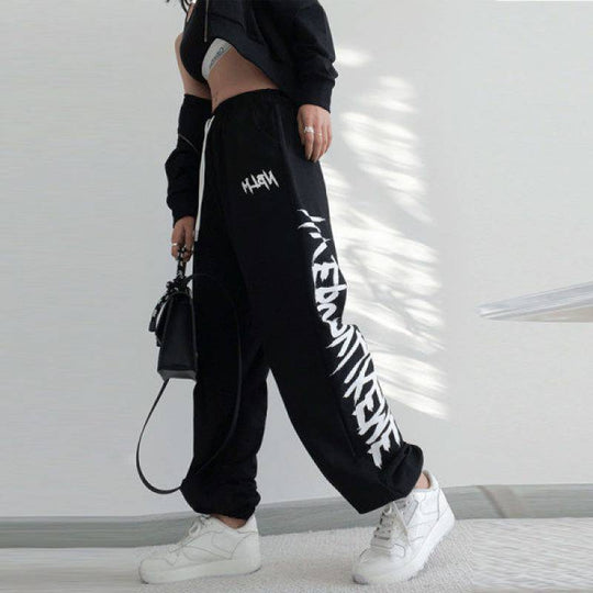 Womens Bottoms Black Drawstring Printing Sweatpants - Stylish Fit