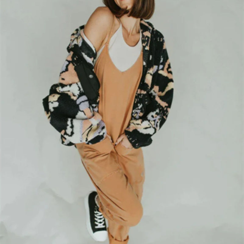 Solid Color Zipper Patch Pocket Sling Jumpsuit for Women