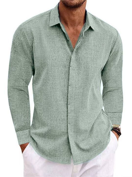 -shirt undershirt solid color long sleeve cotton linen shirt men